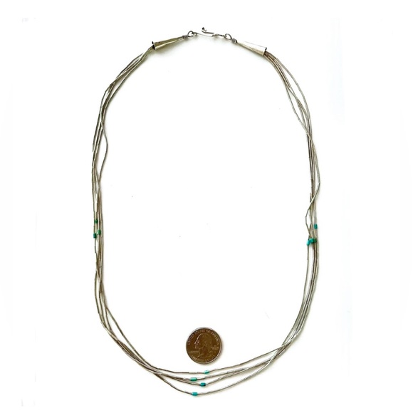 🗝️🪺Signed, Vintage 4 strand Liquid Silver Necklace with Turquoise accent beads - Picture 6 of 9